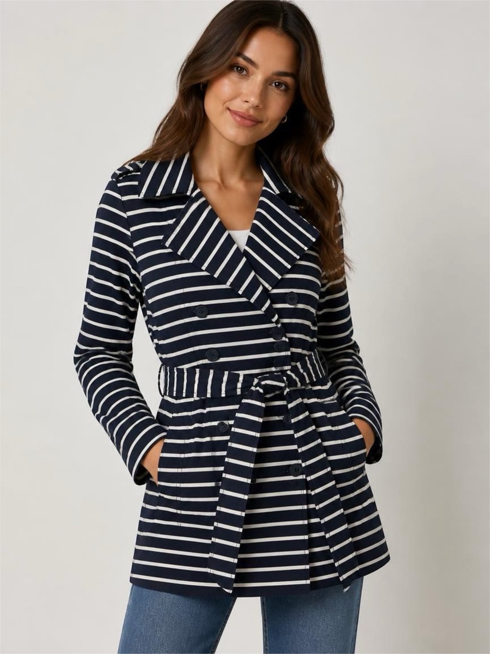 LOFT Women Large Navy White Striped Belted Trench Coat Double Breasted Nautical